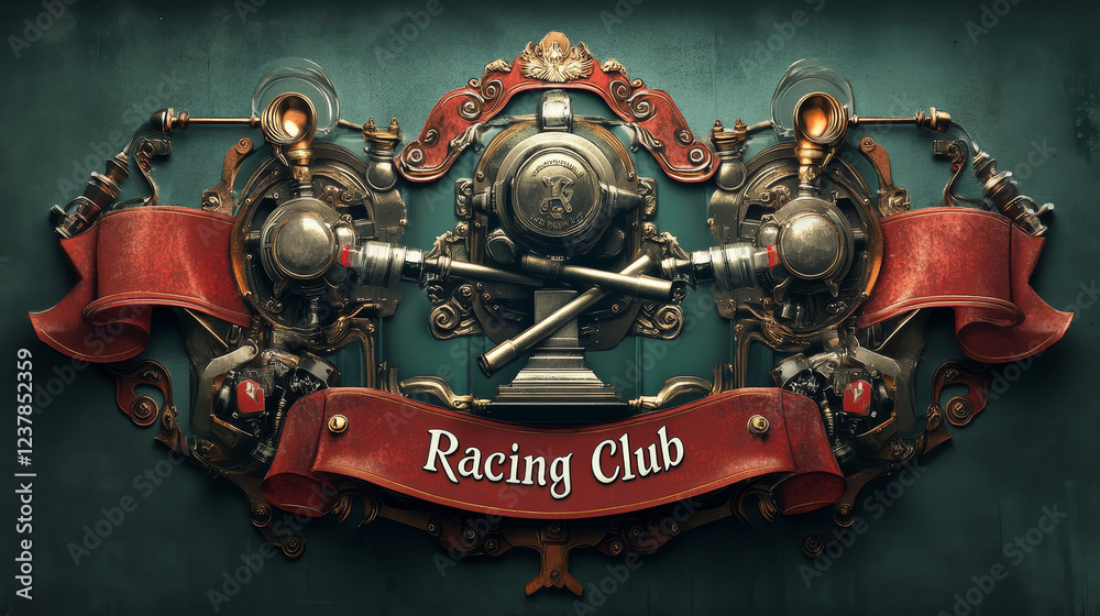 Racing sport club icons or symbols with crowned champion trophy cups and crossed pistons on the background, framed by empty ribbon banner and headers Racing Club Racing sport club icons or symbols with crowned champion trophy cups and crossed pistons on the background, framed by empty ribbon banner and headers Racing Club