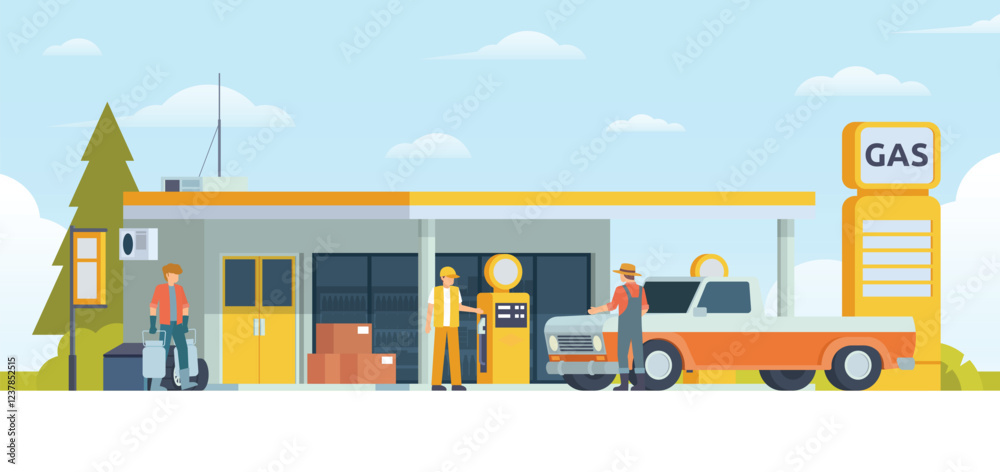 Gas Station with Shop Vector Illustration. Clean Flat Design and Modular Element. Fully Editable and Easy to Customize Gas Station with Shop Vector Illustration. Clean Flat Design and Modular Element. Fully Editable and Easy to Customize
