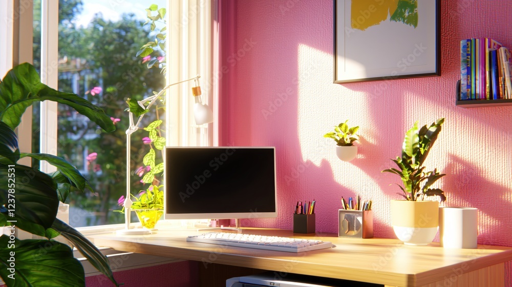 Fototapeta premium Sunny Workspace Minimalist Pink Desk Computer Plants Home Office