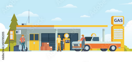 Gas Station with Shop Vector Illustration. Clean Flat Design and Modular Element. Fully Editable and Easy to Customize	
