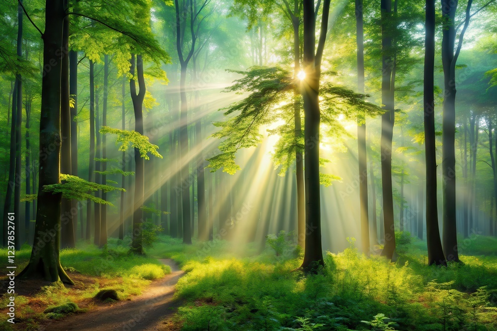Obraz premium Sunbeams Illuminate a Mystical Forest Path, Creating an Enchanting Scene of Tranquil Nature