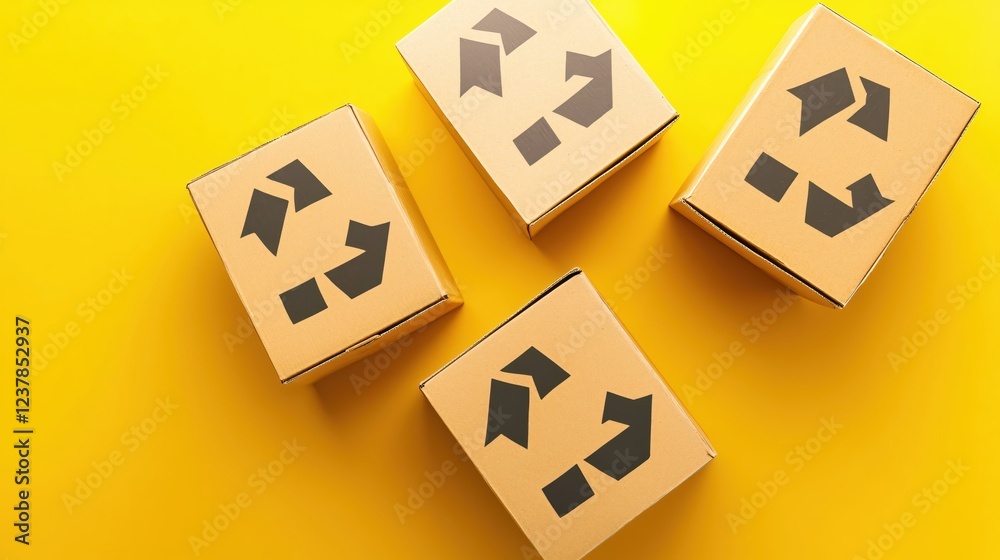 Obraz premium Sustainable Packaging Eco Friendly Cardboard Boxes Recycling Symbol Yellow Background