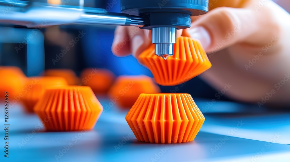 Precise 3D Printing Process Creating Vibrant Orange Objects Precise 3D Printing Process Creating Vibrant Orange Objects