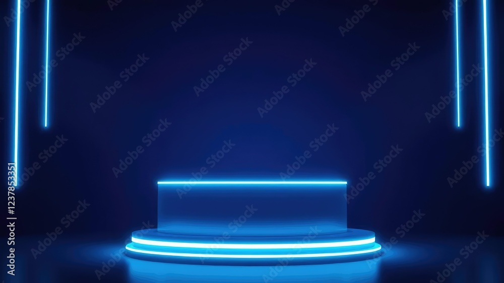 The neon light blue color of the podium adds a pop of color to the dark blue background, stage props, blue and white theme The neon light blue color of the podium adds a pop of color to the dark blue background, stage props, blue and white theme