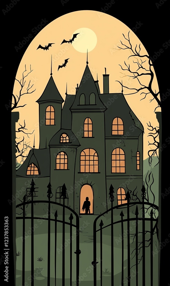 Fototapeta premium Mysterious Haunted Mansion at Night Halloween Spooky House