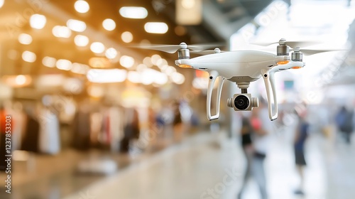 Modern Drone Flying Over Busy Shopping Mall Interior