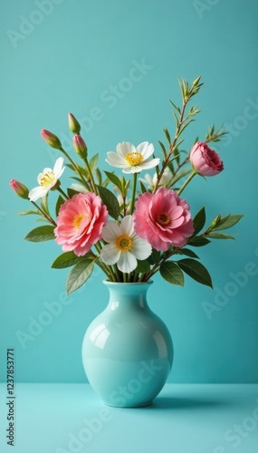 Wallpaper Mural A serene blue background featuring a single elegant vase filled with fresh flowers and foliage, vases, botanicals, garden Torontodigital.ca