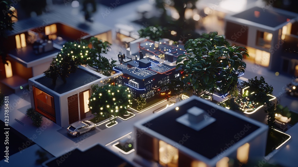 Obraz premium Nighttime Smart Cityscape Modern Homes Illuminated Streetscape