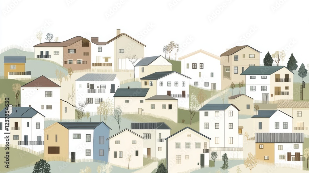 Fototapeta premium Hillside village homes, tranquil scene, idyllic background, perfect for home decor