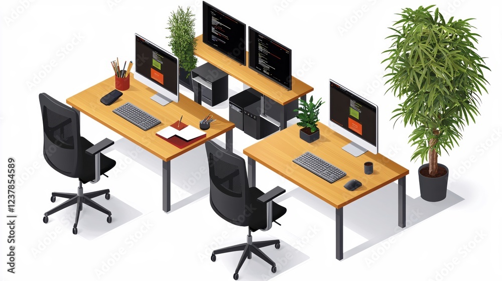 Modern Office Workspace Design Two Desks Computers Plants Modern Office Workspace Design Two Desks Computers Plants