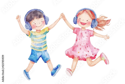 Two children wearing headphones joyfully hold hands while dancing, embodying happiness and friendship.
