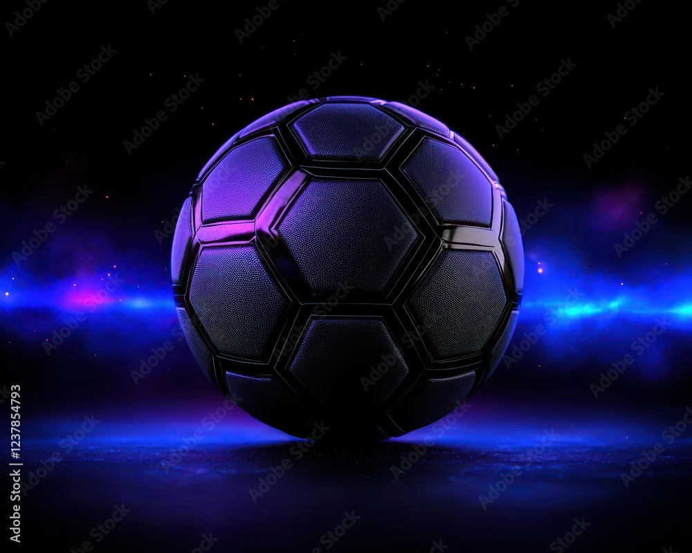 Fototapeta premium A sleek black soccer ball with vibrant purple and blue lighting, set against a dark background, perfect for sports themes.