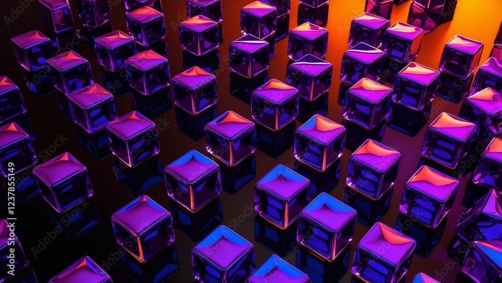Fototapeta premium Abstract background of reflective neon purple, blue and orange glass cubes with copy space