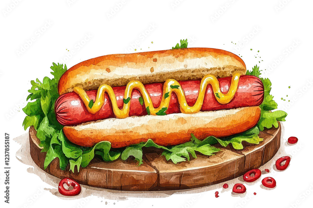 A colorful hot dog on a fresh bun, garnished with mustard and lettuce, served on a wooden board. A colorful hot dog on a fresh bun, garnished with mustard and lettuce, served on a wooden board.