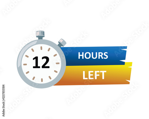 12 hours left countdown badge with vector number and timer stopwatch illustration. Time remaining special offer promotion. Vector illustration. 