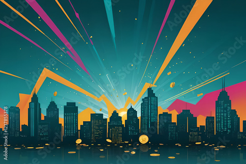 Retro City Skyline with Colorful Sunburst Rays photo