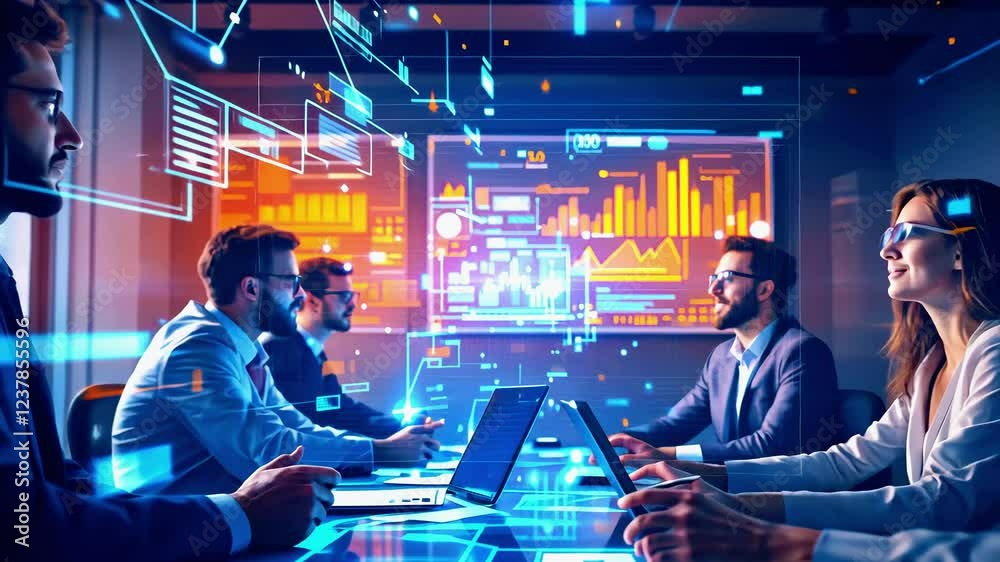 Business professionals engaged in a data analysis meeting with digital graphics in a modern office