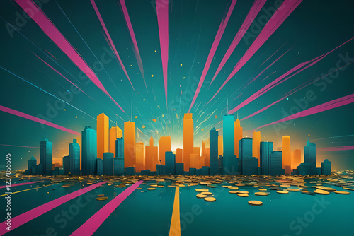 Retro Synthwave City Skyline with Neon Sunburst
 photo