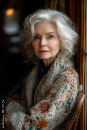 Portrait of an older woman with silver hair, wearing a knitted coat in a floral pattern, leaning against the window inside her home.