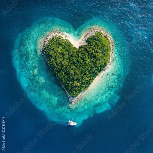 Heart-shaped island with yacht in turquoise ocean. (1)