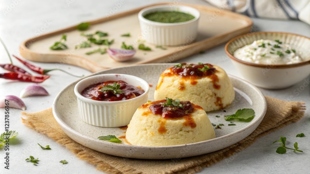 Steamed Cheese Cakes with Chutney and Raita, yogurt, pickled vegetables, raita, chutney, steamed cheese cakes Steamed Cheese Cakes with Chutney and Raita, yogurt, pickled vegetables, raita, chutney, steamed cheese cakes