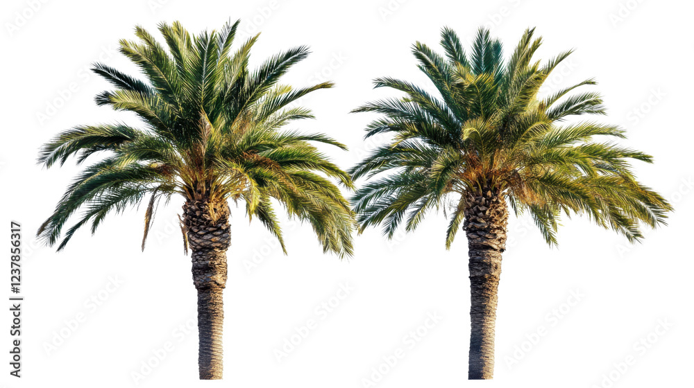 Fototapeta premium Two palm trees isolated on transparent background representing summer and tropical destinations