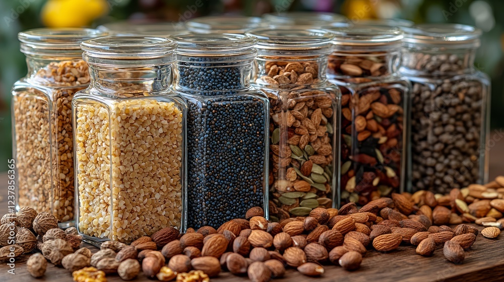 Assorted seeds and nuts in glass jars, wooden table, blurred background, healthy food concept Assorted seeds and nuts in glass jars, wooden table, blurred background, healthy food concept