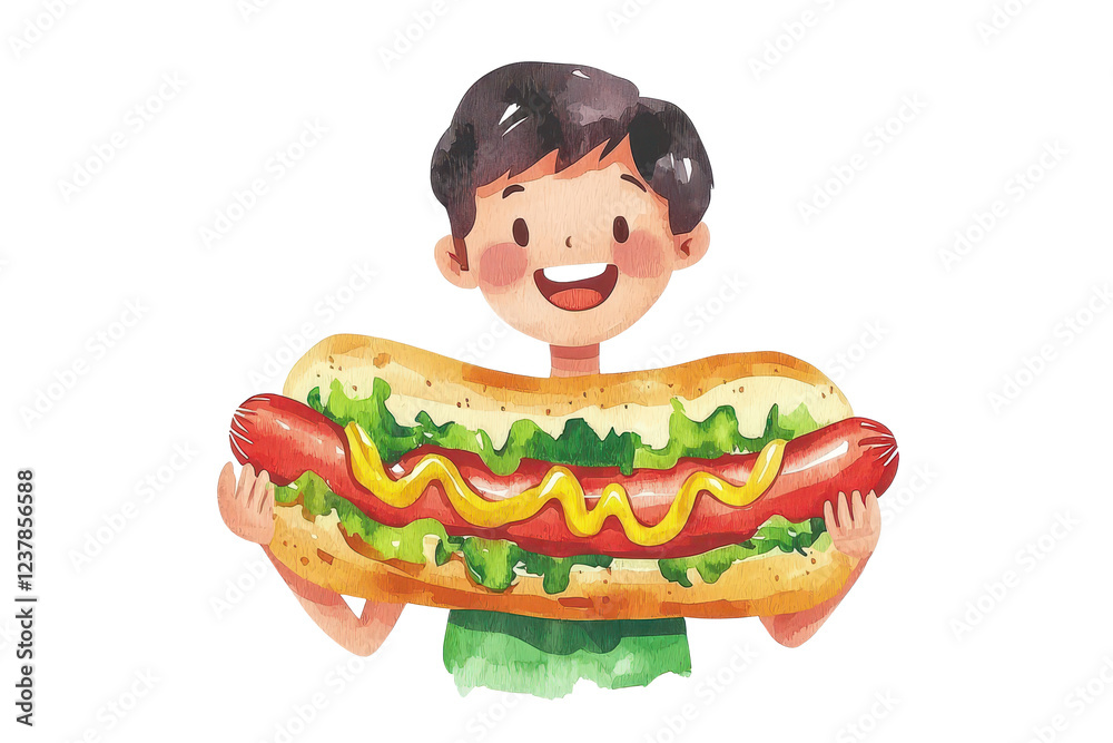 A cheerful boy holds a large, colorful hot dog, featuring vibrant toppings like mustard, lettuce, and tomatoes. A cheerful boy holds a large, colorful hot dog, featuring vibrant toppings like mustard, lettuce, and tomatoes.
