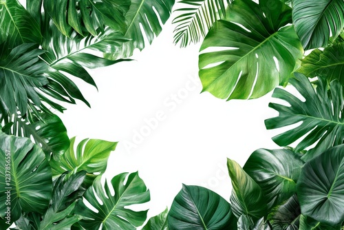 Lush tropical leaves frame, white background, nature design, template