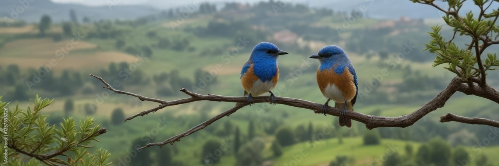 Small blue bird laying on a branch in Tuscany's rolling hills, italy countryside, forested hills, tuscany