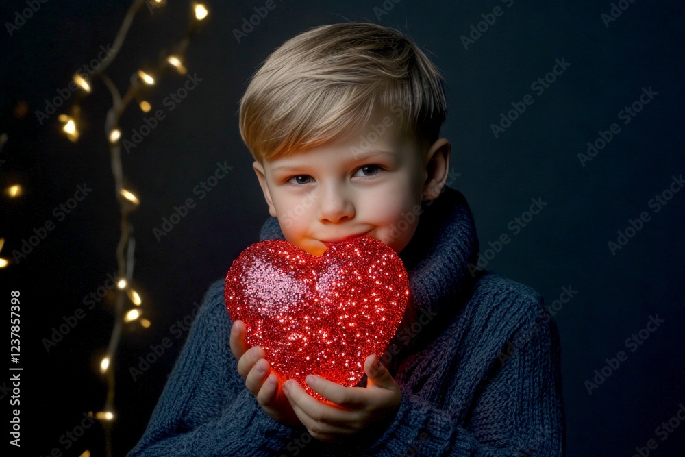 Naklejka premium Ð¡hildren valentine's day greeting card: child boy with smirk face holds red heart in hands. Sign of love. Commercial promotion creative design idea. Child playing with heart. Love and kids.