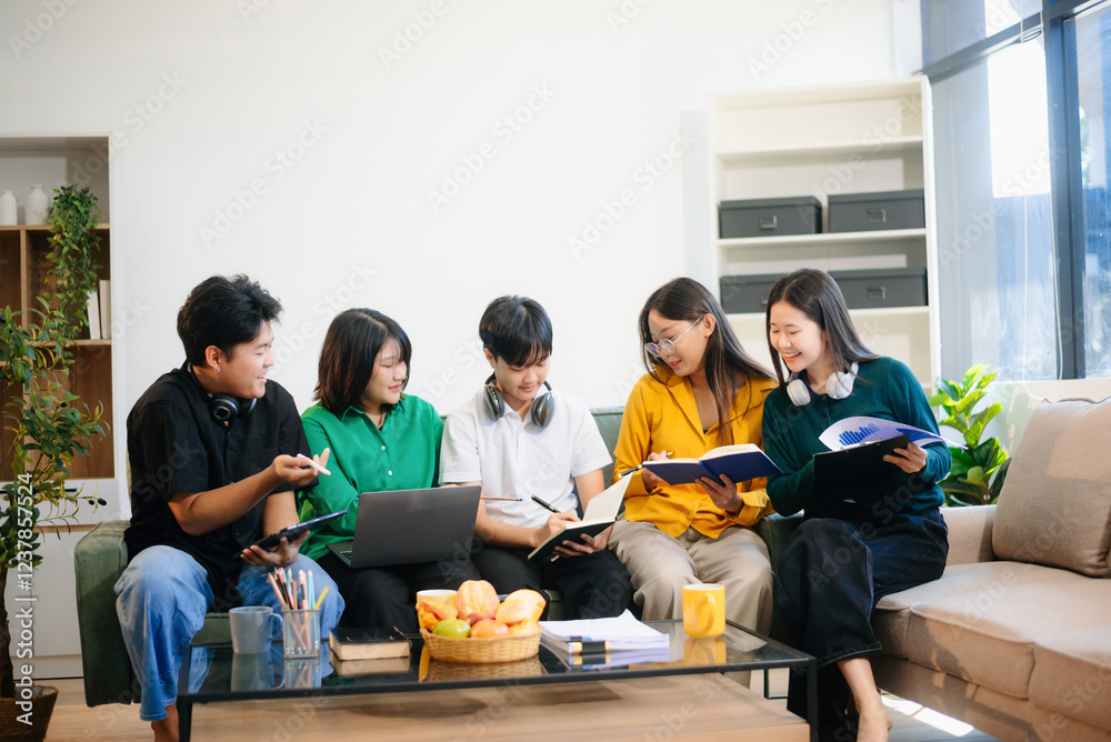 Fototapeta premium Young Asian students working on a project with laptops and tablets. Cozy indoor setting, teamwork,