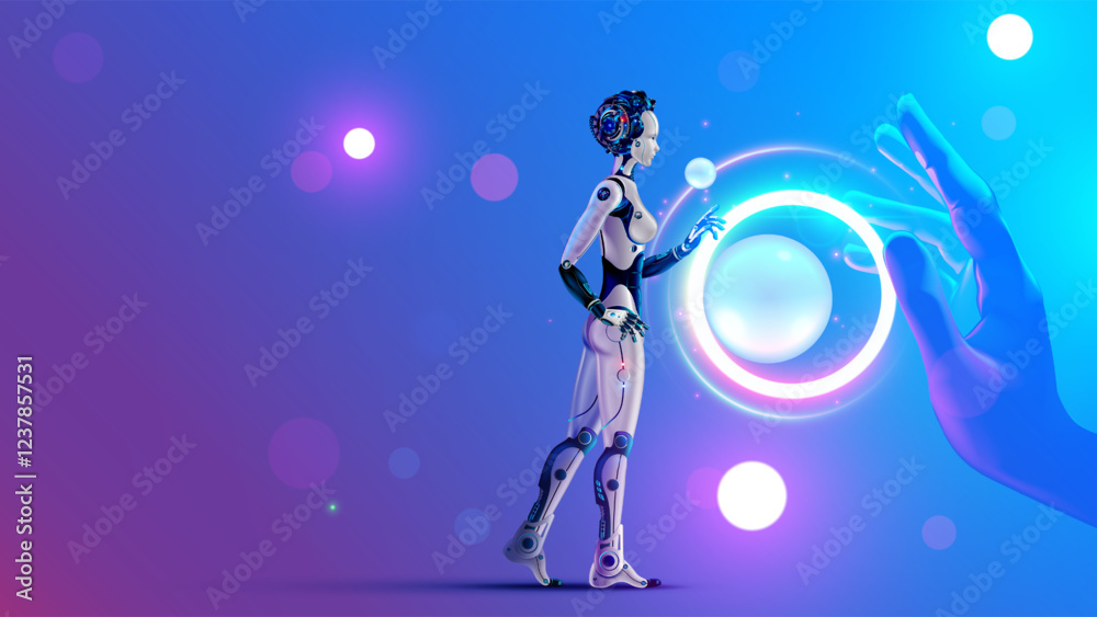 Obraz premium Woman robot, cyborg with AI analysis big data. AI or artificial intelligence learning concept. AI technology. Computer neural network training in image of female robot. Machine Deep learning AI Robot.