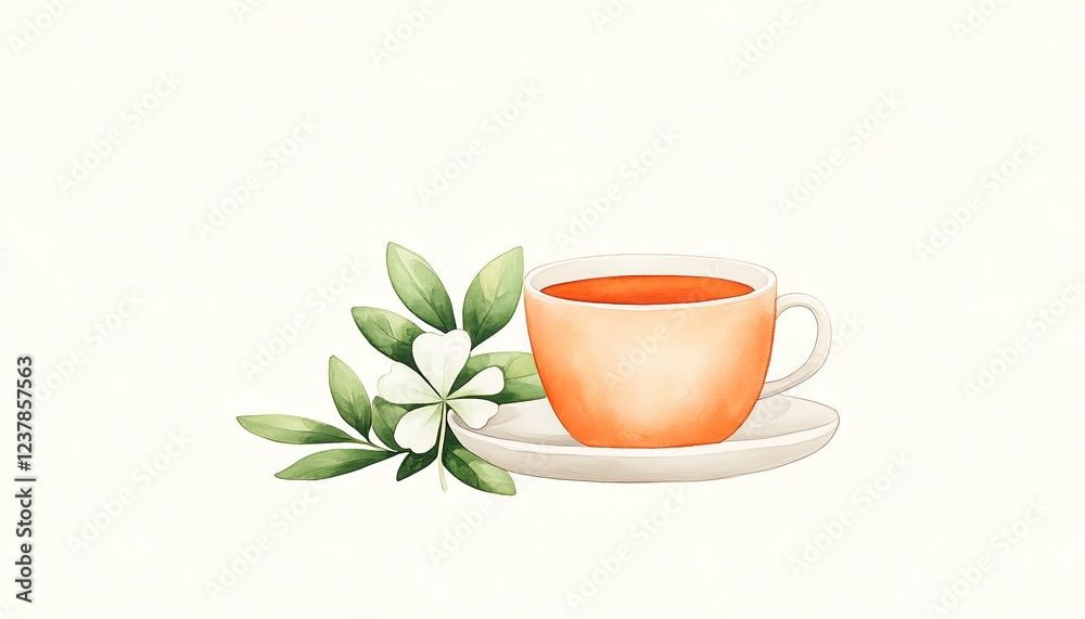 A serene cup of tea on a saucer accompanied by green leaves, set against a minimalist background A serene cup of tea on a saucer accompanied by green leaves, set against a minimalist background
