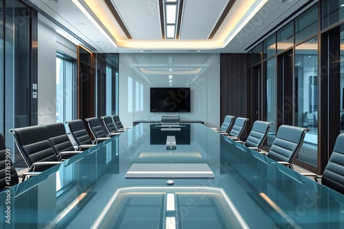 Elegant and contemporary corporate boardroom interior featuring a large glass table, executive chairs, and advanced technology