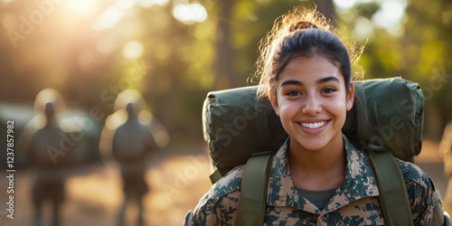 smiling female soldier with backpack in forest setting