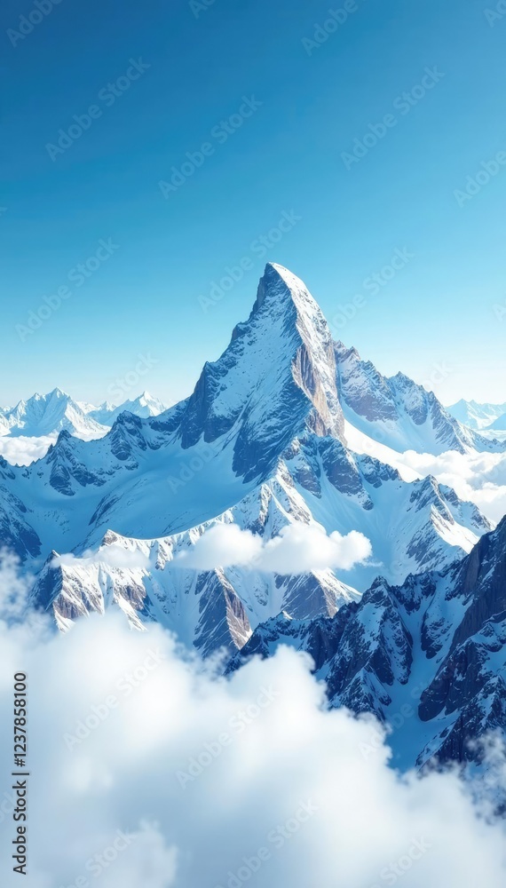 Fototapeta premium Snow-covered mountain peak in the distance with blue sky and clouds, bluish hues, snow capped peaks, calm atmosphere