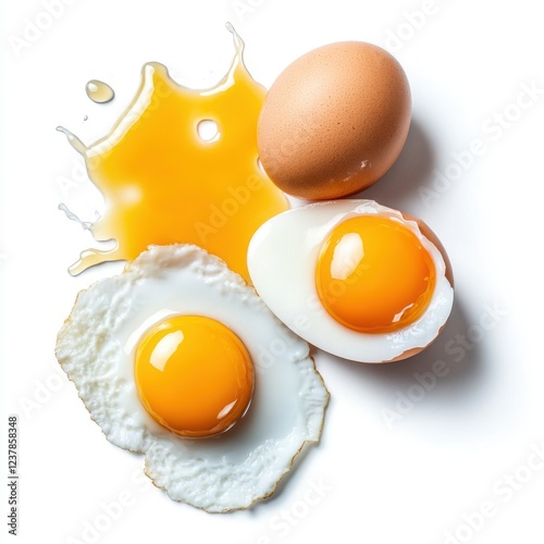 Fresh eggs with cracked shell, raw yolk, and splattered egg white on white background for culinary use photo