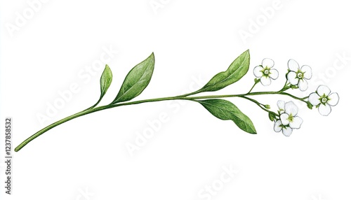 Delicate white flowers with green leaves on a slender stem against a clean background
