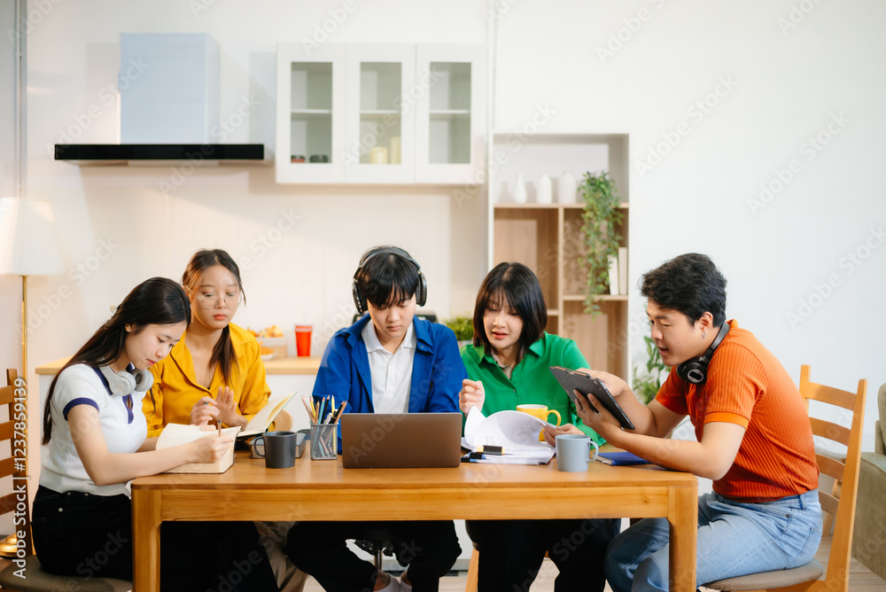 Young Asian adults collaborating on laptops and tablets in a cozy workspace, embodying teamwork, c