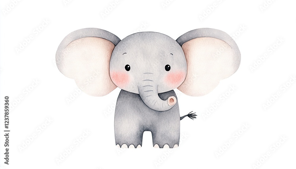 Fototapeta premium Cute cartoon elephant character with big ears and rosy cheeks on a white background