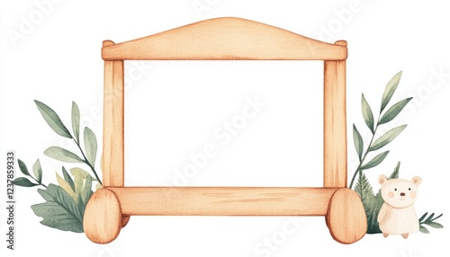 Playful wooden frame surrounded by greenery and a cute bear, ideal for children's artwork display