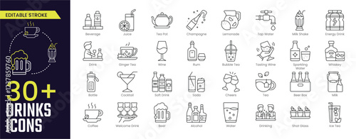 Drinks Stroke icon collections. Containing Beverage, Juice, Tea Pot, Champagne, Lemonade, Tap Water, Milk Shake, Soft Drink, and Whiskey icons. Editable Stroke icon collection Outline icon