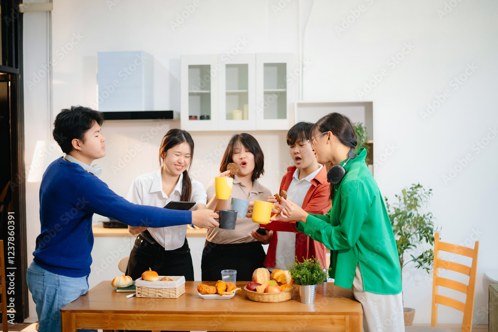 Young Asian friends enjoying a fun, casual evening party at home, celebrating together with food and drinks Young Asian friends enjoying a fun, casual evening party at home, celebrating together with food and drinks