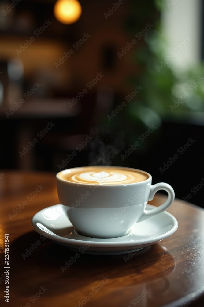 A single cup of cappuccino on a dark wood table, coffee table, ambiance A single cup of cappuccino on a dark wood table, coffee table, ambiance