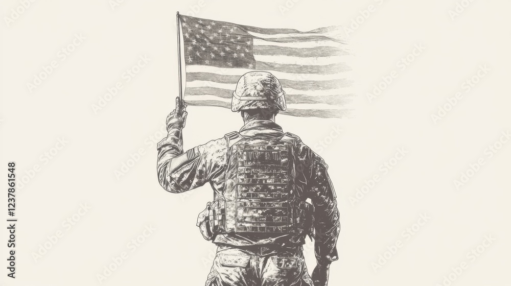 Soldier holding flag, back view, patriotism, peaceful background, memorial use Soldier holding flag, back view, patriotism, peaceful background, memorial use
