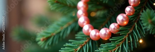 A strand of pastel pink and gold glass beads draped over a fir tree branch, fir tree, christmas