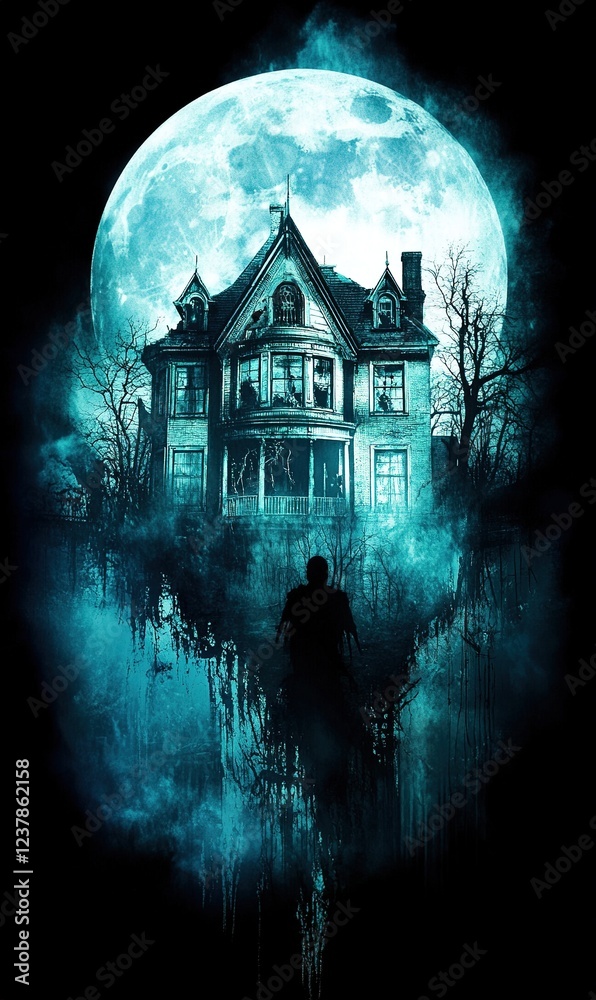 Fototapeta premium Spooky Haunted House Full Moon Horror Mystery