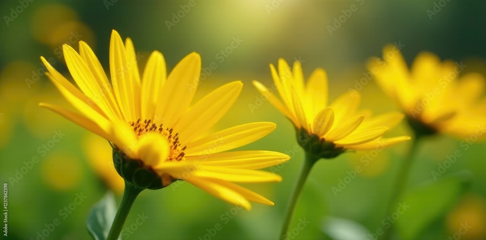 Soft petals of yellow daisies gently sway in the breeze, bloom, sunflower, nature Soft petals of yellow daisies gently sway in the breeze, bloom, sunflower, nature