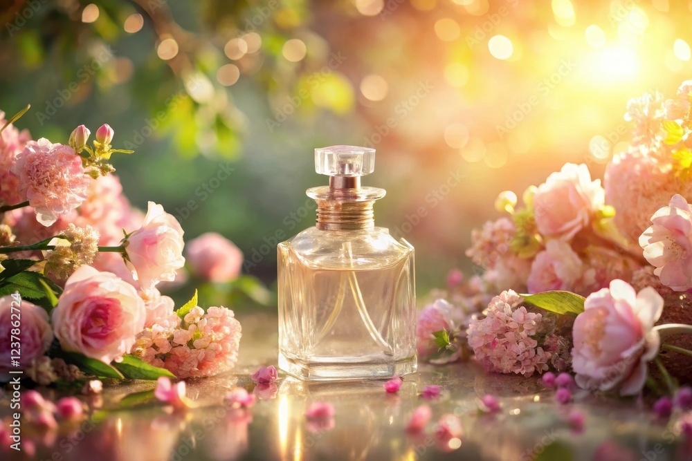 Aromatic essence in a glass bottle surrounded by delicate pink blossoms bathed in warm sunlight Aromatic essence in a glass bottle surrounded by delicate pink blossoms bathed in warm sunlight